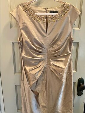 Jessica Howard Champagne Metallic Midi Dress with Jeweled Neckline